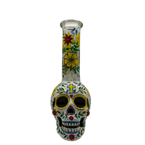 9" Sugar Skull Water Pipe yellow skull