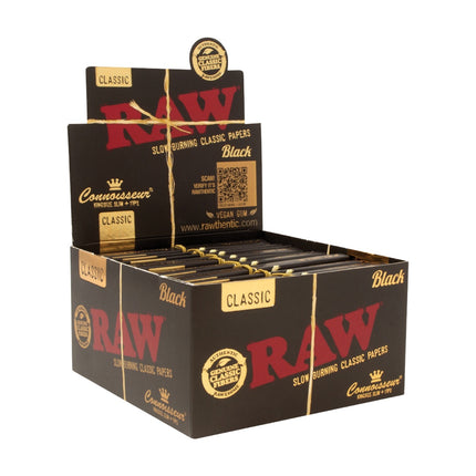 Box of RAW Classic Black rolling papers with visible branding.