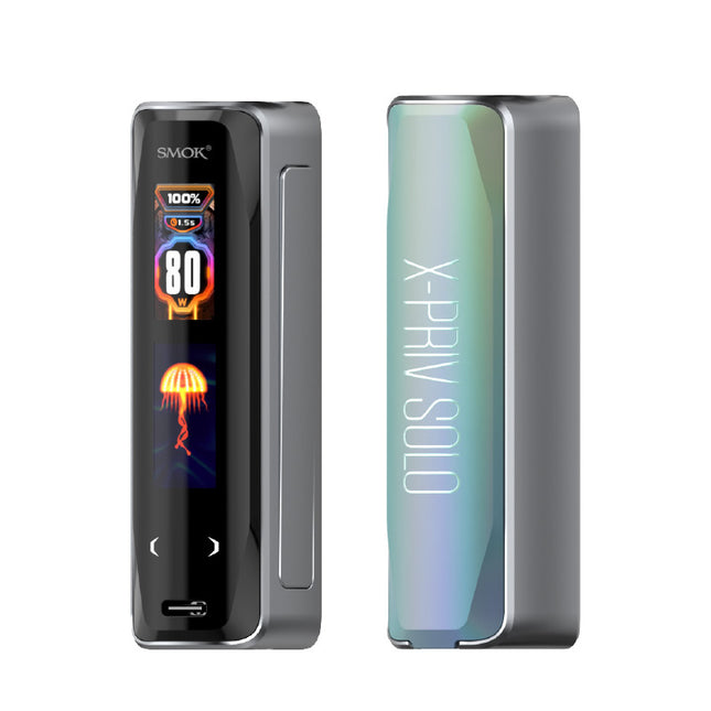 Vaping device with digital display and 'X-Priv Solo' branding on a white background