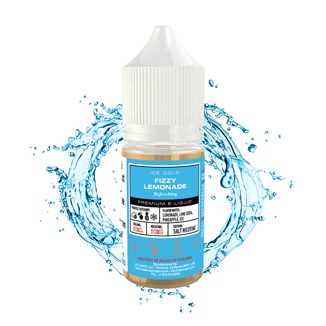 Fizzy Lemonade e-liquid bottle with water splash on a white background