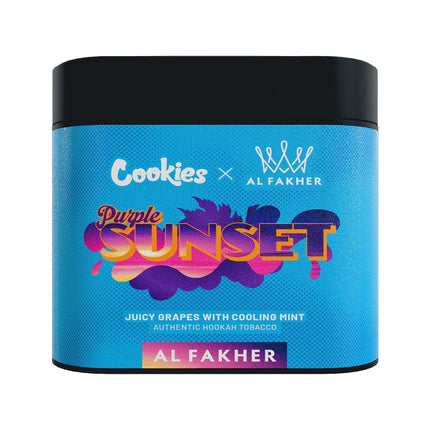 Jar of 'Cookies x Al Fakher Purple Sunset' hookah tobacco on a light gray background