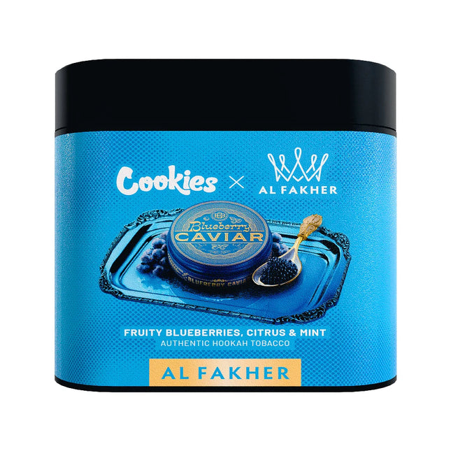 Blue container with black lid featuring 'Cookies' and 'Al Fakher' branding on a white background.