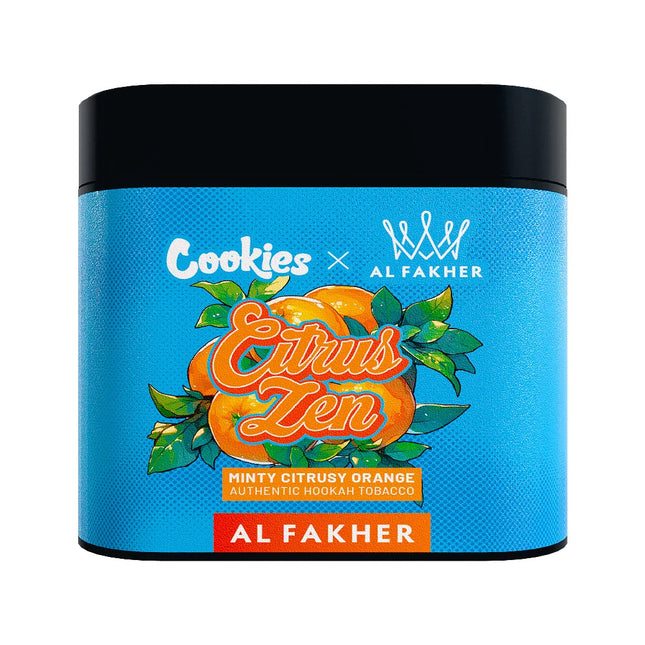 Blue container of 'Cookies x Al Fakher Citrus Zen' tobacco with orange and green design.