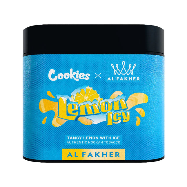 Blue container of 'Cookies x Al Fakher Lemon Icy' hookah tobacco with black lid.
