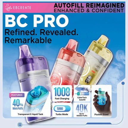 Three vaping devices with features highlighted on a promotional graphic for BC Pro.