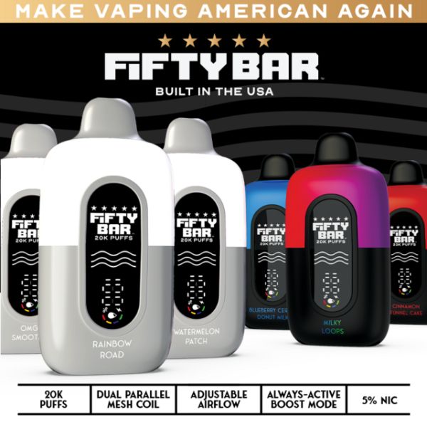 Fifty Bar 20,000 Puffs Disposable | 18mL, Dual Mesh Coil Fifty Bar 20,000 Puffs Disposable | 18mL, Dual Mesh Coil