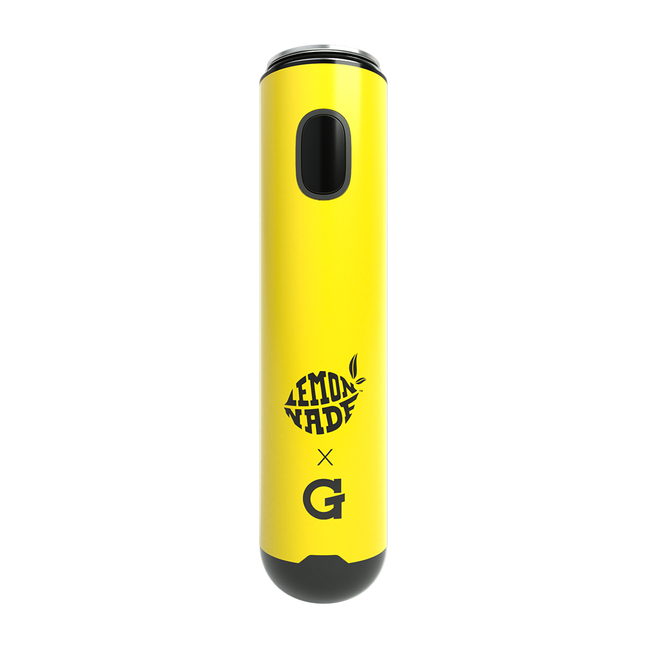Yellow vape pen with 'Lemonade' and 'G' logo on a white background