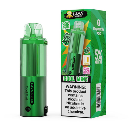 Green vape device and packaging with 'Lava Click' branding on a white background