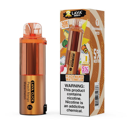 Lava Click vape pen with peach mango watermelon flavor and packaging on a white background