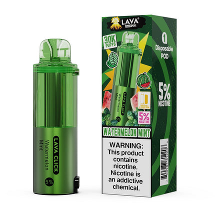 Green vape device and packaging with 'Lava Click' branding on a white background