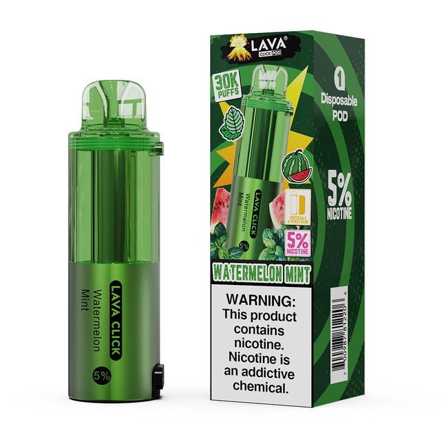 Green vape device and packaging with 'Lava Click' branding on a white background