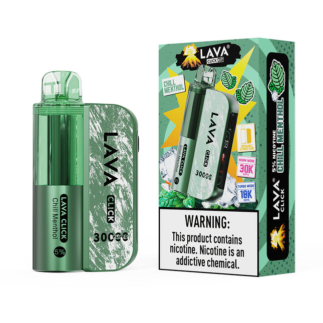 Green LAVA Click vape device and packaging on a white background