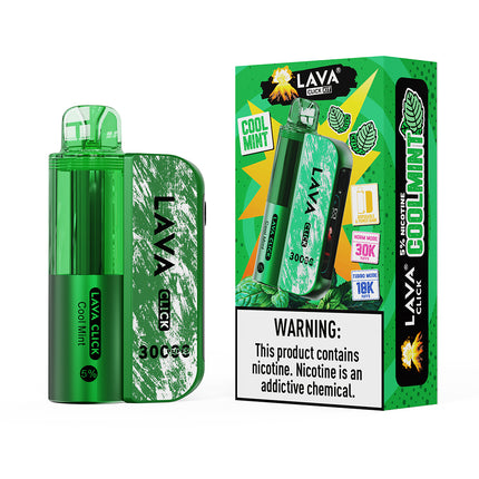 Green Lava Click vape device and packaging with 'Cool Mint' flavor on a white background