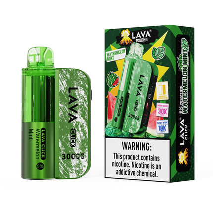 Green LAVA Click vape device and packaging on a white background