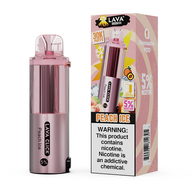 Pink vape device with 'Lava Click' branding and packaging on a white background