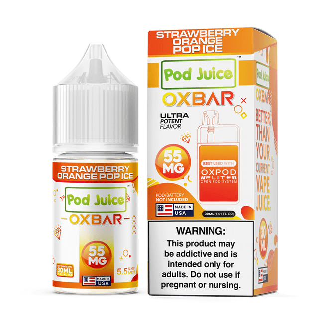 Pod Juice OXBAR Strawberry Orange Pop Ice vape juice bottle and packaging on a white background