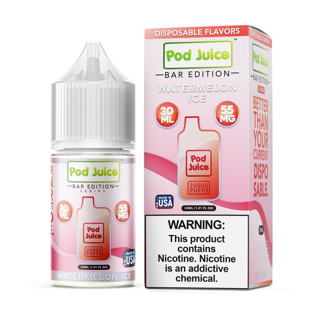 Pod Juice disposable vape bottle and packaging on a white background