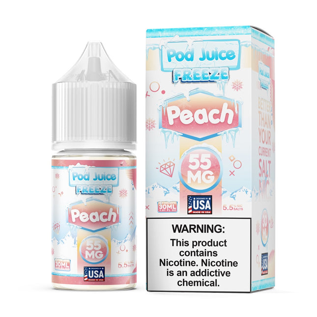 Pod Juice Freeze Peach 55 MG e-liquid bottle and packaging on a white background