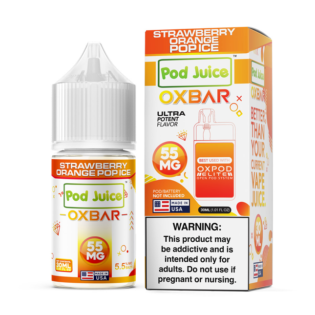 Pod Juice OXBAR Strawberry Orange Pop Ice vape juice bottle and packaging on a white background