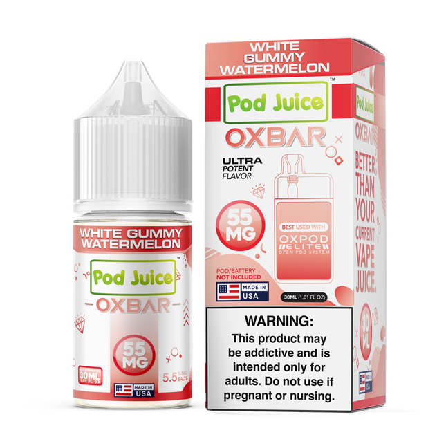 Pod Juice OXBAR White Gummy Watermelon vape juice bottle and packaging on a white background