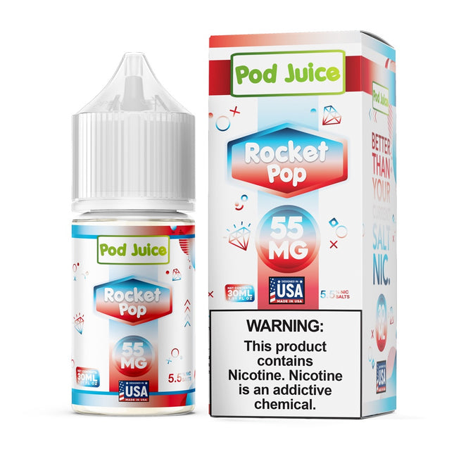 Pod Juice Rocket Pop e-liquid bottle and packaging on a white background