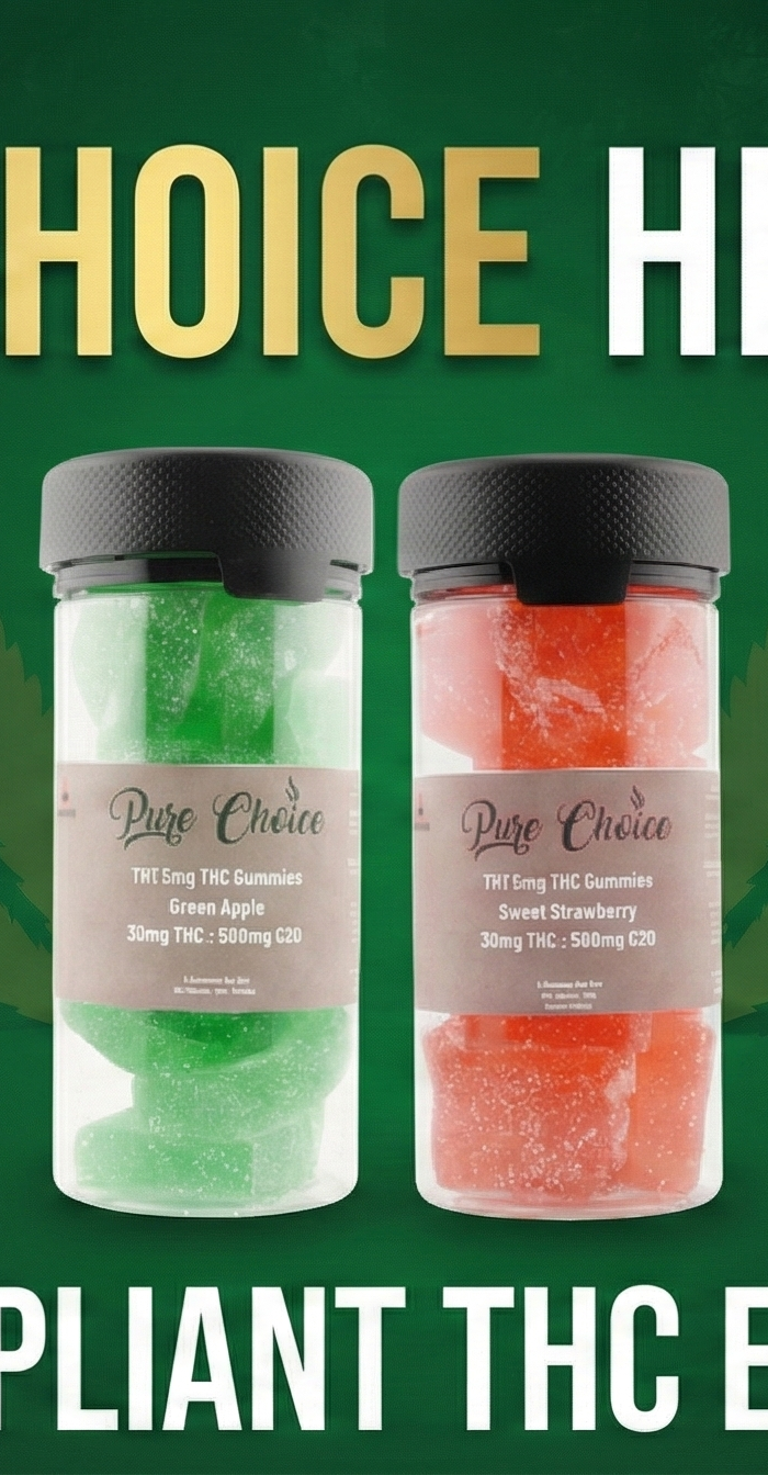 Two jars of Pure Choice Herbals THC edibles on a green background with cannabis leaves.