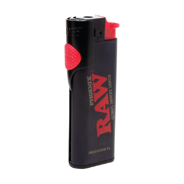 Black and red lighter with 'RAW' branding on a white background