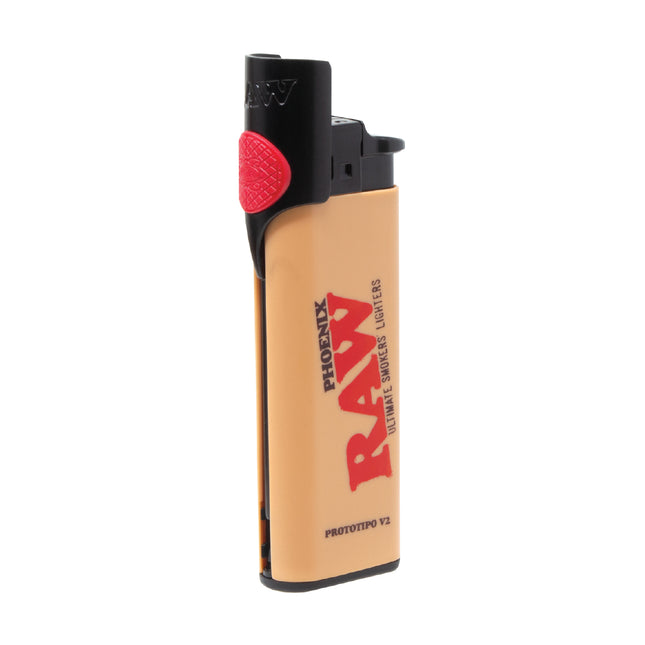 Butane lighter with 'Raw' and 'Phoenix' branding on a white background