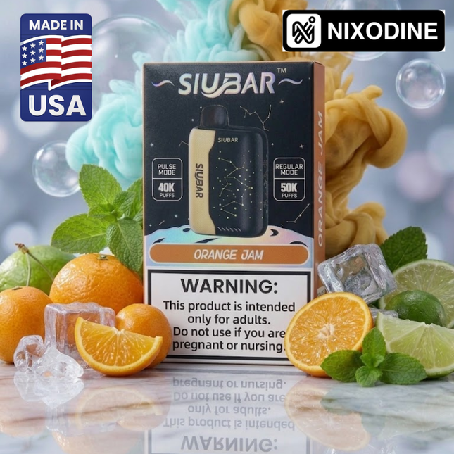 SIUBAR vape device packaging with oranges, limes, and ice cubes on a colorful background, featuring Nixodine branding.