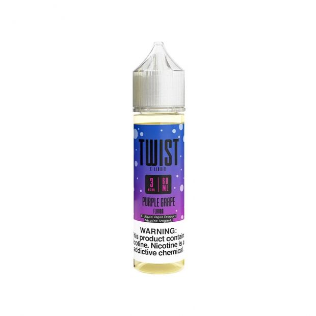 Vape juice bottle with purple label on a white background