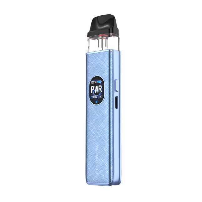 Blue vape device with 'PWR' indicator on a white background
