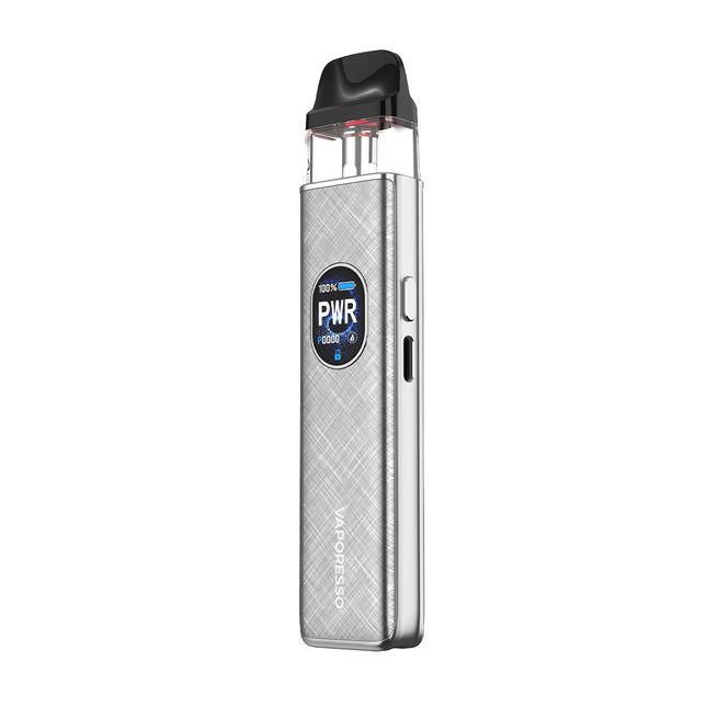 Silver vape device with 'Vaporesso' branding on a white background