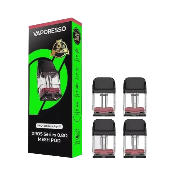Vaporesso XROS Series mesh pod packaging with four pods displayed on a white background.