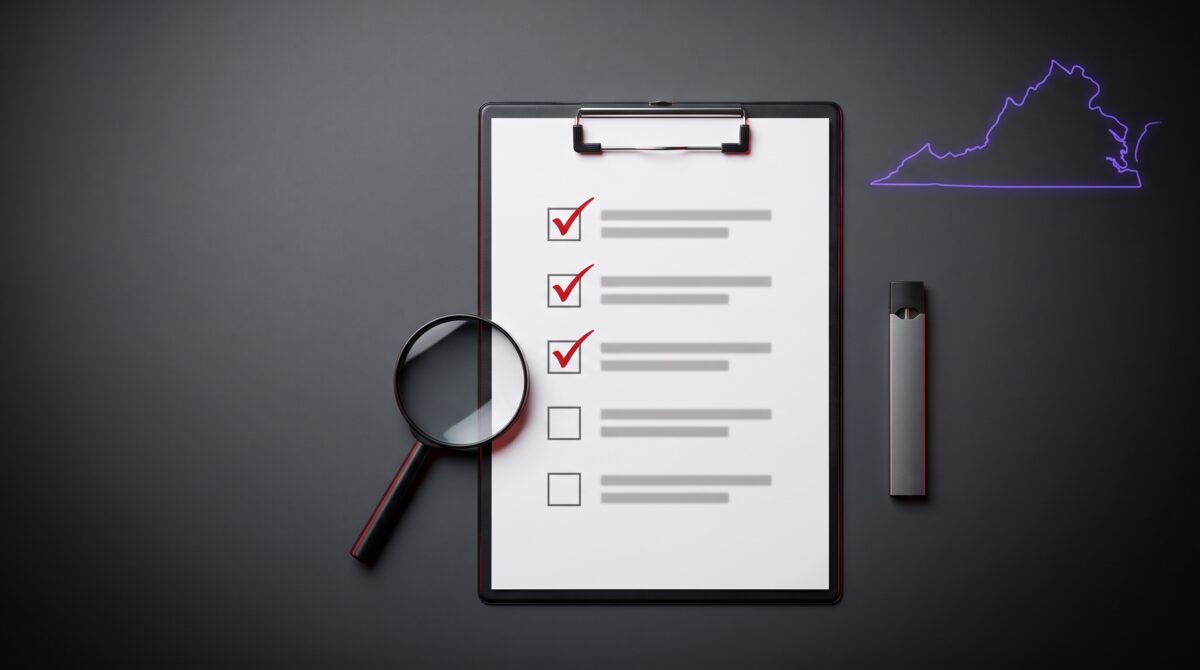 Magnifying glass over a compliance checklist, symbolizing Virginia's Vape Registry review process