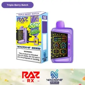 RAZ RX50K disposable vape in Triple Berry Batch flavor, nicotine-free Nixodine formula