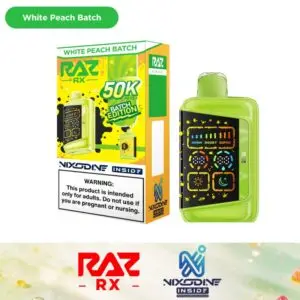 RAZ RX50K disposable vape in White Peach Batch flavor, nicotine-free Nixodine formula