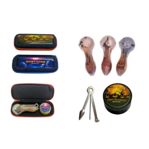 Mystery Halloween Smokers Kit, carrying case with glass hand pipe, grinder, dabber tool, and stash jar, random spooky design