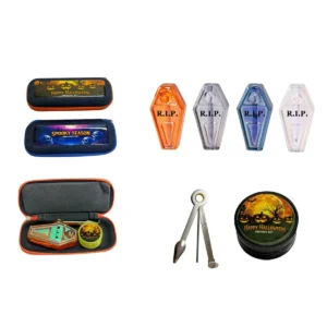 Mystery Halloween Coffin Pipe Set, coffin case with mini pipe, grinder, dabber tool, and stash jar, random spooky design