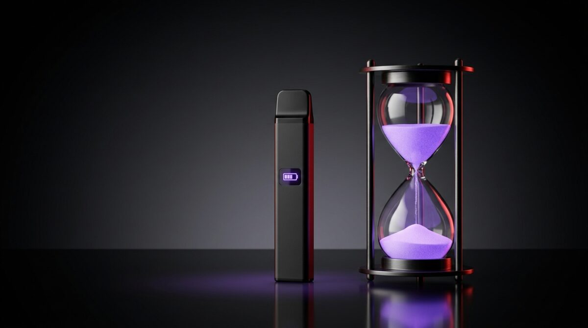 How long does a disposable vape last, shown with a disposable vape and hourglass