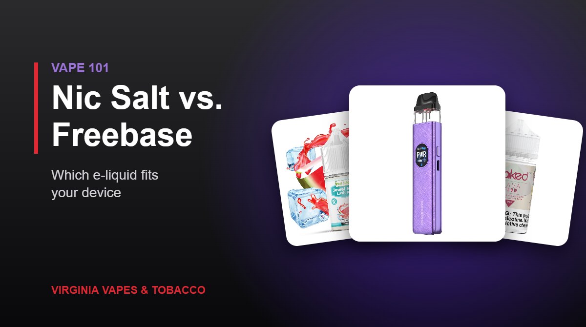 A nicotine salt e-liquid, a freebase e-liquid bottle and a Vaporesso XROS 5 pod system